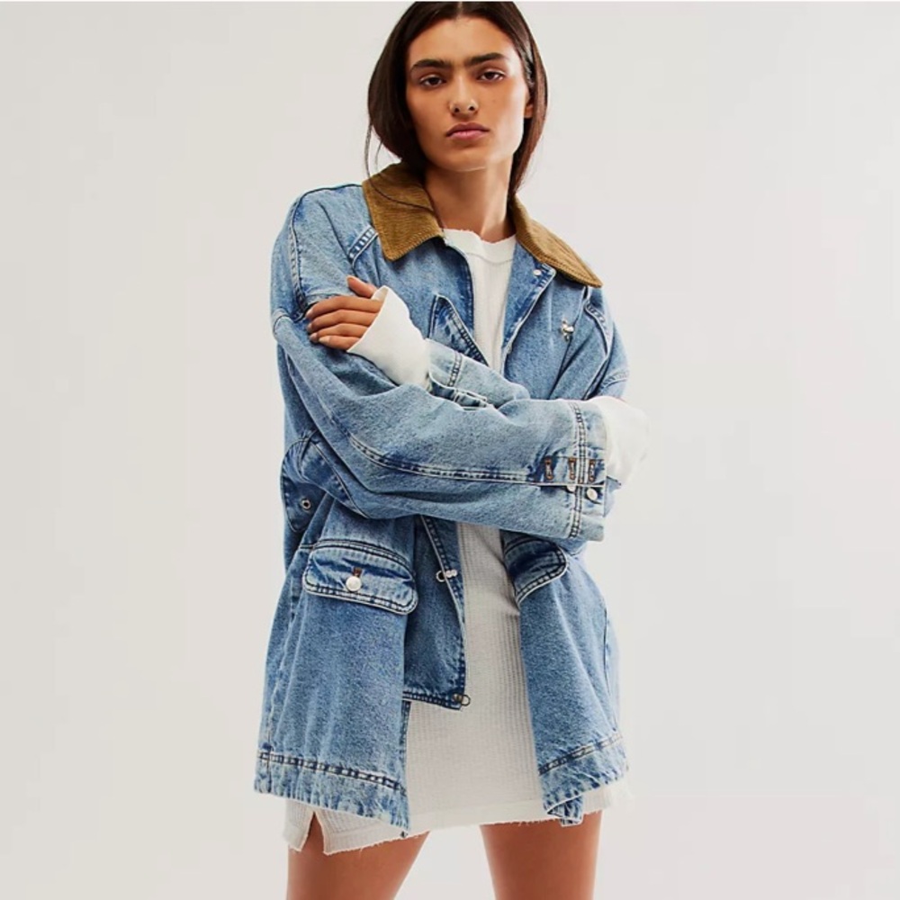 Free People Farmer Style Jean Jacket Oversized Vintage Style